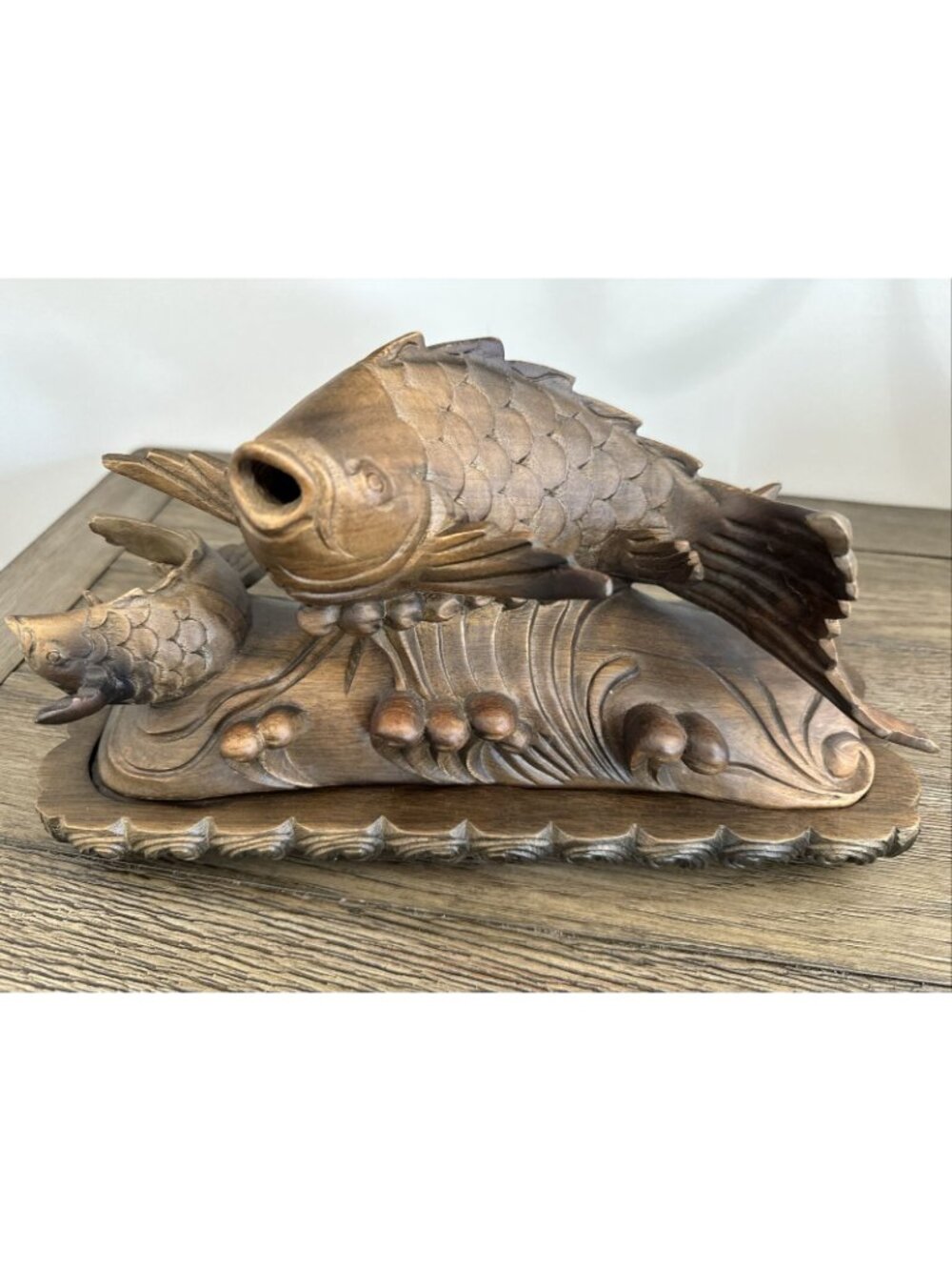 Smoking Carp Leaping Over The Dragon Gate Boxwood Hand Carved Vtg Decor Candle - Picture 2 of 16